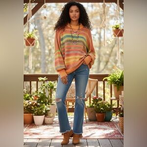 Free People Oversized Easy Street Space Dye Sweater Colorful Striped